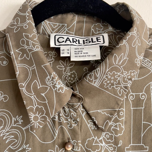 Vintage Carlisle 100% Silk Blouse Sz 14 Taupe Abstract Geometric Art Print - Picture 4 of 10